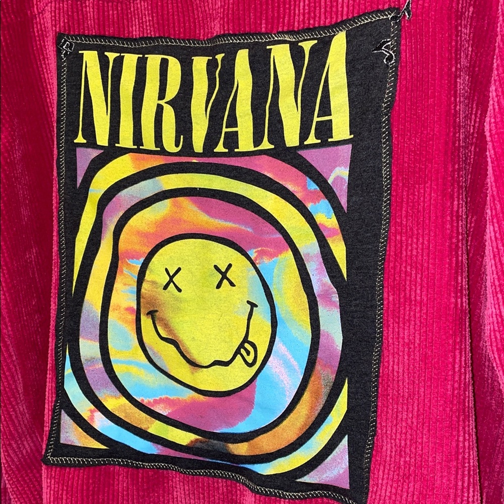 NIRVANA UPCYCLE HANDMADE REPURPOSED JACKET SHACKET Bright Pink snap front OSFM - Picture 3 of 5